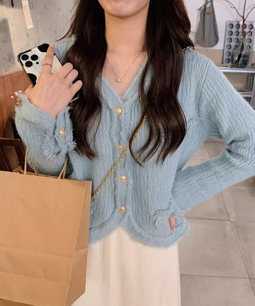 Jasmine Grandiflorum（ジャスミングランディフローラム）の「【Jasmine】ツイード風フリンジニットカーディガン（カーディガン/ボレロ・レディース・ブラック/ホワイト/ブルー/パープル/ピンク・FREE）」の16枚目の写真