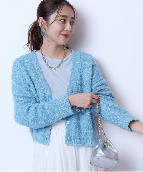 JUSGLITTY - 完売色★新品★ジャスグリッティー　キラキラフェザーカーディガン JUSGLITTY（ジャスグリッティー）の「リボンフェザーVネックカーデ