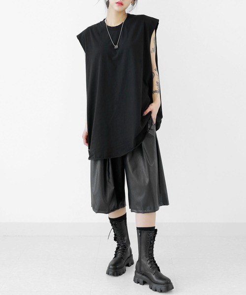 minsobi（ミンソビ）の「ダメージBIGノースリーブトップス  ユニセックス  ボクシーシルエット ノースリーブ（Tシャツ/カットソー・メンズ・アイボリー/ブラック・FREE）」の6枚目の写真