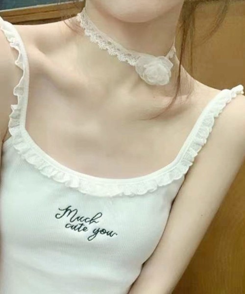 ホワイト レース装飾 キャミソール ダイヤ キラキラ y2k 平成ギャル姫ギャル森ガールy2kレース付きオフホワイト