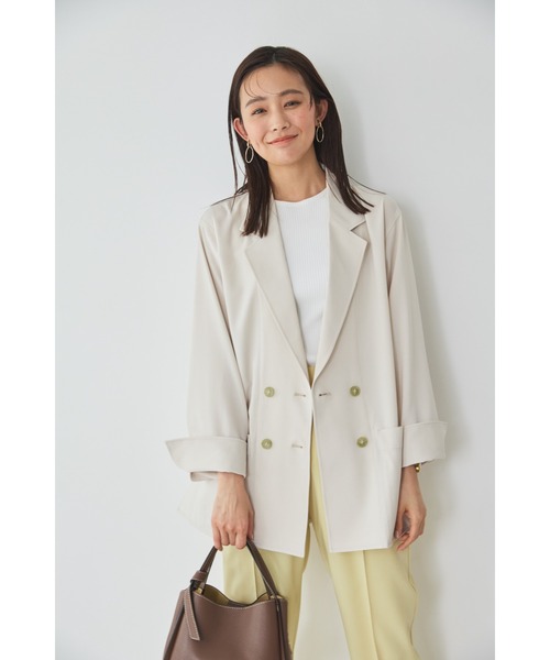 SUIT SQUARE(スーツスクエア)の「ダブルブレストシアーシャツジャケット ウォッシャブル 麻調ポプリン 無地(シャツ/ブラウス・レディース・ベージュ系/ブラック系・38(9号))」の1枚目の写真