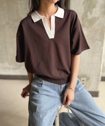 TRIANGLE PALETTE（トライアングルパレット）の「ポロ襟 スキッパー 半袖ニットプルオーバー/無地/ボーダー（Tシャツ/カットソー）」