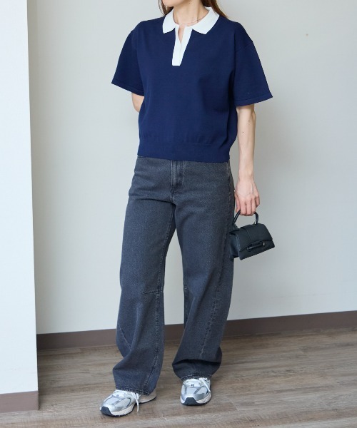セール】ポロ襟 スキッパー 半袖ニットプルオーバー/無地