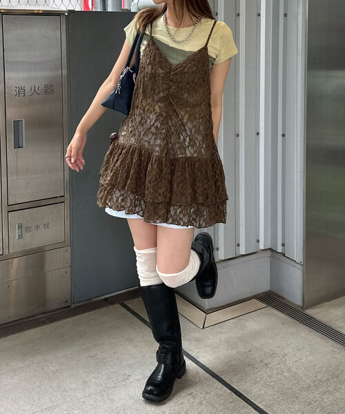 LIZLISA ベロア　総レース　キャミ　チュニック　リボン　ダークブラウン セール】ベロアリボンレースキャミチュニック（チュニック