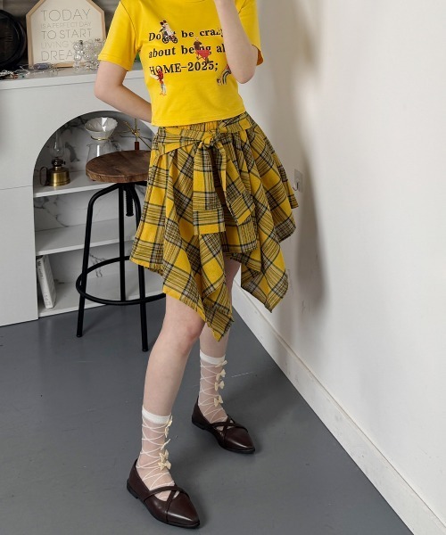 セール】腰巻きフェイクシャツ風 チェック柄スカート（スカート
