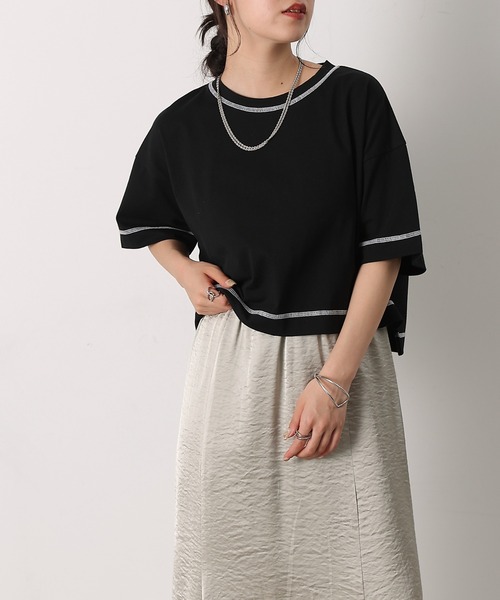 COLONY 2139(コロニートゥーワンスリーナイン)の「スマートワイドクロップド配色ステッチTシャツ(Tシャツ/カットソー・レディース・ブラック/グレー/ブルー/ホワイト/ピンク・FREE)」の14枚目の写真