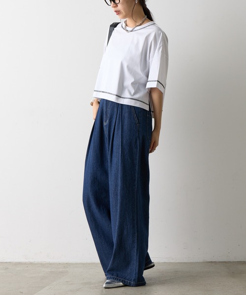 COLONY 2139(コロニートゥーワンスリーナイン)の「スマートワイドクロップド配色ステッチTシャツ(Tシャツ/カットソー・レディース・ブラック/グレー/ブルー/ホワイト/ピンク・FREE)」の13枚目の写真