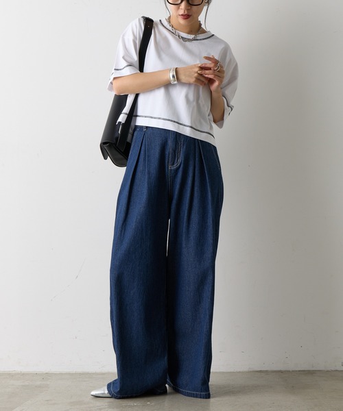 COLONY 2139(コロニートゥーワンスリーナイン)の「スマートワイドクロップド配色ステッチTシャツ(Tシャツ/カットソー・レディース・ブラック/グレー/ブルー/ホワイト/ピンク・FREE)」の10枚目の写真