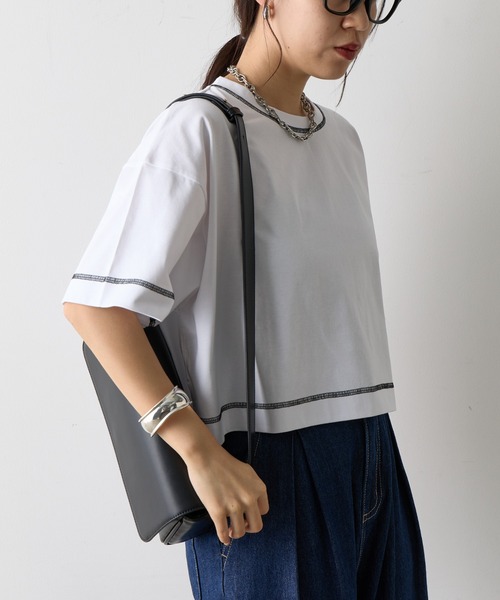 COLONY 2139(コロニートゥーワンスリーナイン)の「スマートワイドクロップド配色ステッチTシャツ(Tシャツ/カットソー・レディース・ブラック/グレー/ブルー/ホワイト/ピンク・FREE)」の7枚目の写真