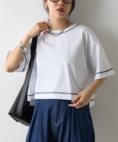 COLONY 2139(コロニートゥーワンスリーナイン)の「スマートワイドクロップド配色ステッチTシャツ(Tシャツ/カットソー・レディース・ブラック/グレー/ブルー/ホワイト/ピンク・FREE)」の9枚目の写真