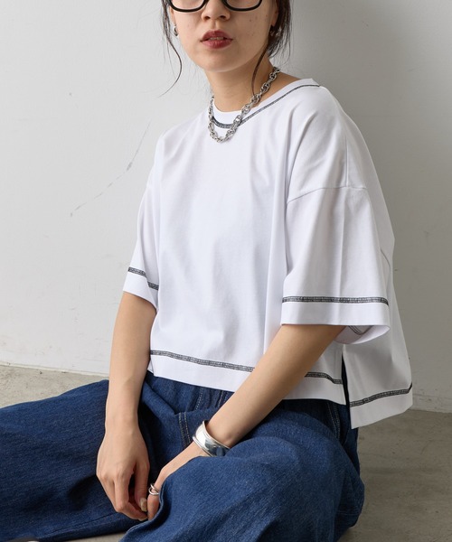 COLONY 2139(コロニートゥーワンスリーナイン)の「スマートワイドクロップド配色ステッチTシャツ(Tシャツ/カットソー・レディース・ブラック/グレー/ブルー/ホワイト/ピンク・FREE)」の6枚目の写真