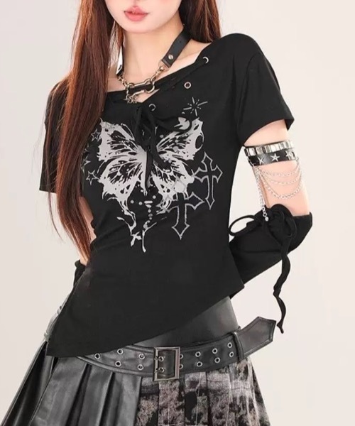 FUNdaysion(ファンデイション)の「アームウォーマー付きバタフライプリントTシャツ(Tシャツ/カットソー・レディース・ホワイト/ブラック・M)」の5枚目の写真