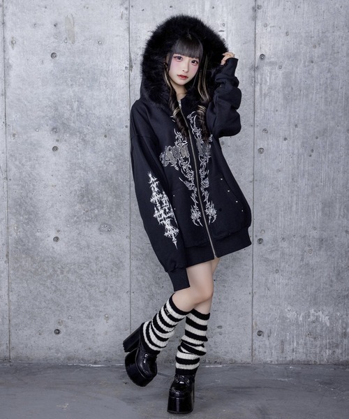 ファー付きAmiligeラインストーンZIPパーカー（パーカー）｜Amilige