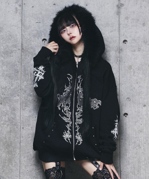 ファー付きAmiligeラインストーンZIPパーカー（パーカー