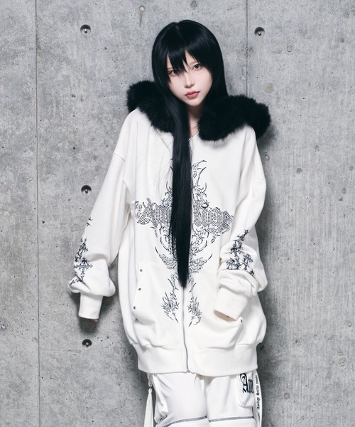 ファー付きAmiligeラインストーンZIPパーカー（パーカー）｜Amilige