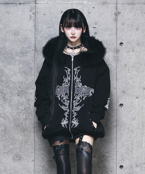 ファー付きAmiligeラインストーンZIPパーカー（パーカー）｜Amilige