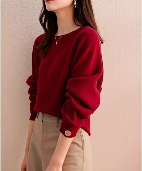 cammie（キャミー）の「袖ゴールドボタンクルーネックニット（ニット/セーター・レディース・エメラルド/ネイビー/レッド/ブラック・F）」の12枚目の写真