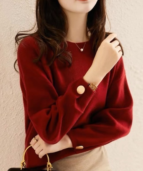 cammie（キャミー）の「袖ゴールドボタンクルーネックニット（ニット/セーター・レディース・エメラルド/ネイビー/レッド/ブラック・F）」の14枚目の写真