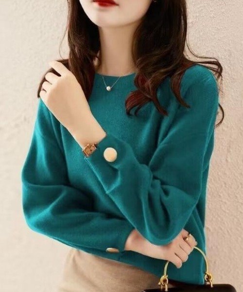 cammie（キャミー）の「袖ゴールドボタンクルーネックニット（ニット/セーター・レディース・エメラルド/ネイビー/レッド/ブラック・F）」の7枚目の写真