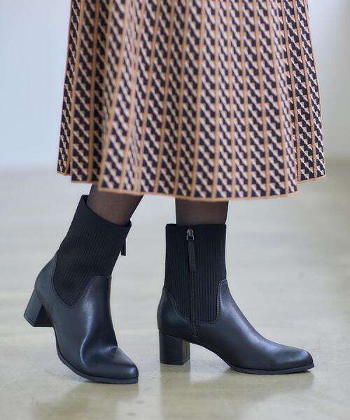 セール】【足元すっきり見え／ファスナー開き】リブ編みニットブーツ
