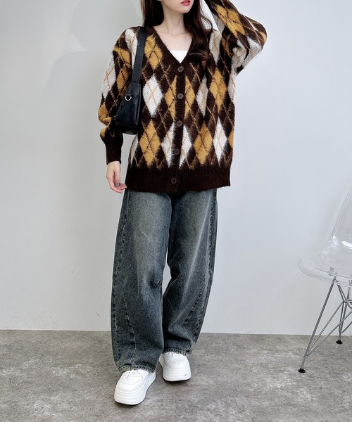 アーガイル柄ジャガードロングニットカーディガン（カーディガン