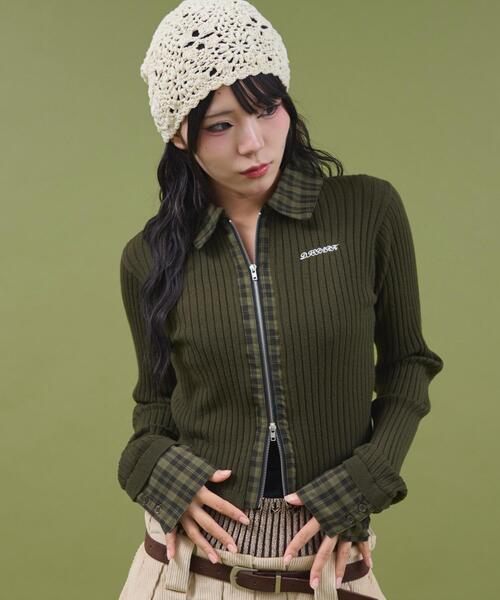 dispark（ディスパーク）の「DISPARK/チェックドッキングWジップニット（ニット/セーター・レディース・ブラック/カーキ・FREE）」の2枚目の写真