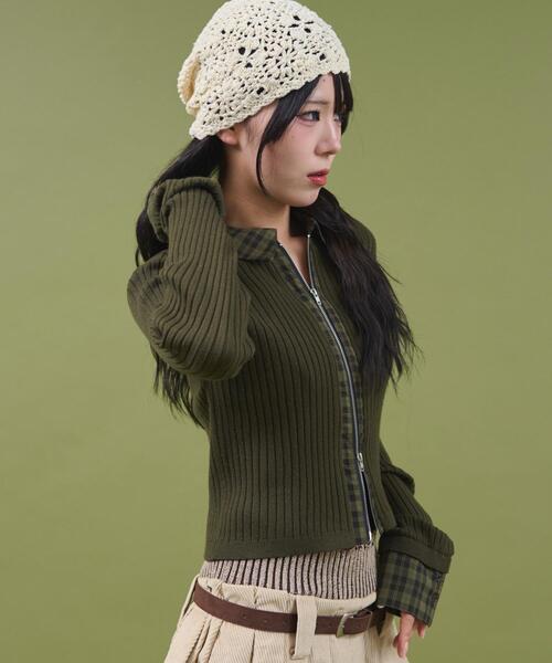 dispark（ディスパーク）の「DISPARK/チェックドッキングWジップニット（ニット/セーター・レディース・ブラック/カーキ・FREE）」の6枚目の写真