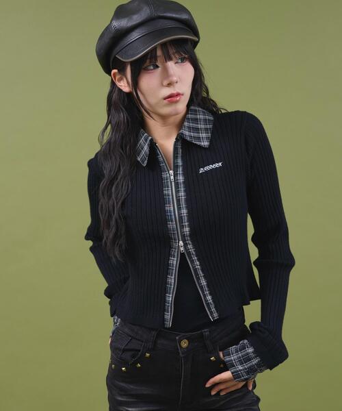 dispark（ディスパーク）の「DISPARK/チェックドッキングWジップニット（ニット/セーター・レディース・ブラック/カーキ・FREE）」の8枚目の写真