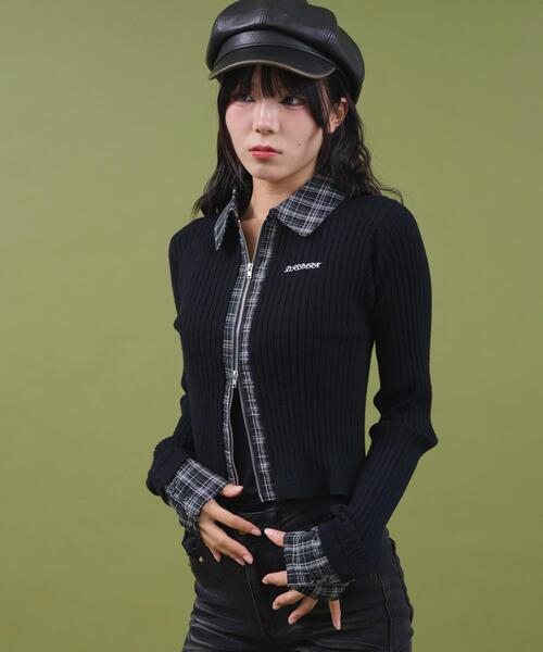 dispark（ディスパーク）の「DISPARK/チェックドッキングWジップニット（ニット/セーター・レディース・ブラック/カーキ・FREE）」の9枚目の写真