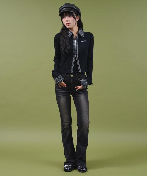 dispark（ディスパーク）の「DISPARK/チェックドッキングWジップニット（ニット/セーター・レディース・ブラック/カーキ・FREE）」の10枚目の写真