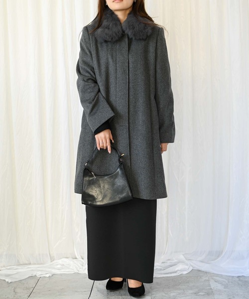 ブルーフォックスファー付きカシミアウールコート（90㎝丈）（ブルー