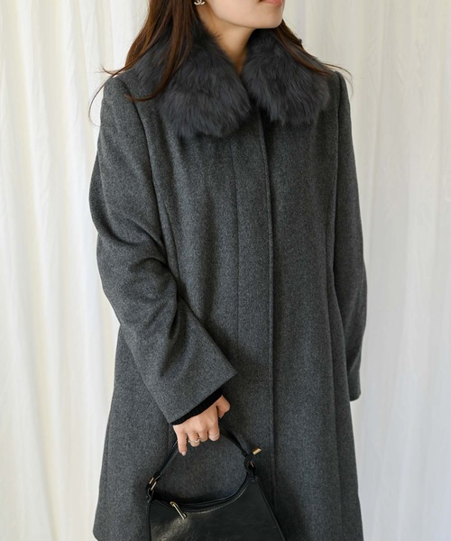ブルーフォックスファー付きカシミアウールコート（90㎝丈）（ブルー