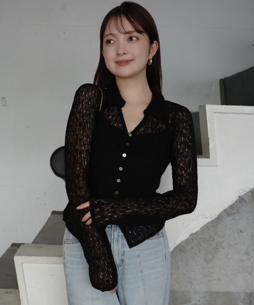 【ZOZO限定】ウールレースポロニットトップス　ブラック セール】【ZOZO限定】ウールレースポロニットトップス（ポロシャツ