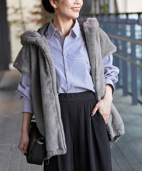 B.C STOCK(ベーセーストック)の「《追加》無地ストライプポケットシャツ(シャツ/ブラウス・レディース・ブルー/ホワイト/ネイビー・FREE)」の2枚目の写真