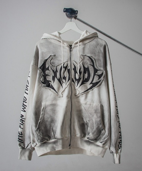 Y2K グランジ加工 ダブルジップ ショート丈 ジップパーカー 裏毛