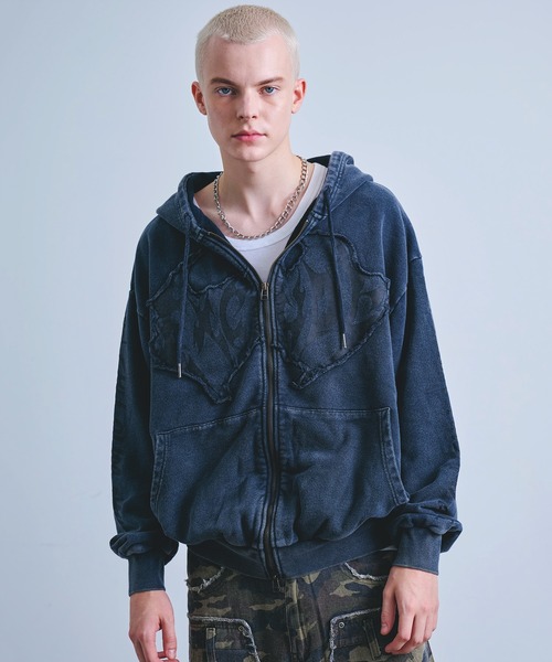 さな Y2K グランジ ジップパーカー Y2K グランジ加工 ダブルジップ ショート丈 ジップパーカー 裏毛