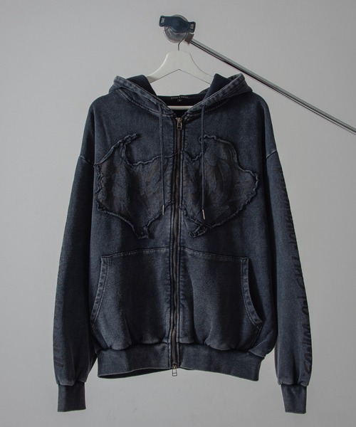 Revo.(レボ)の「Y2K グランジ加工 ダブルジップ ショート丈 ジップパーカー 裏毛 スウェット(パーカー・メンズ・チャコール/ホワイト/ブラウン・M/L)」の4枚目の写真