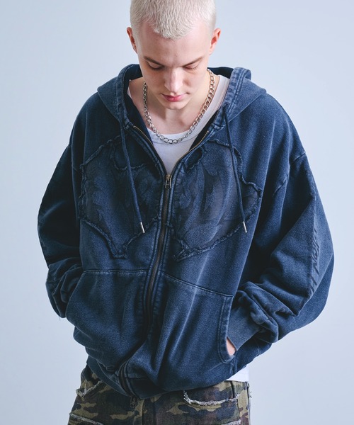 Y2K グランジ加工 ダブルジップ ショート丈 ジップパーカー 裏毛