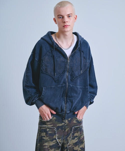 Y2K グランジ加工 ダブルジップ ショート丈 ジップパーカー 裏毛