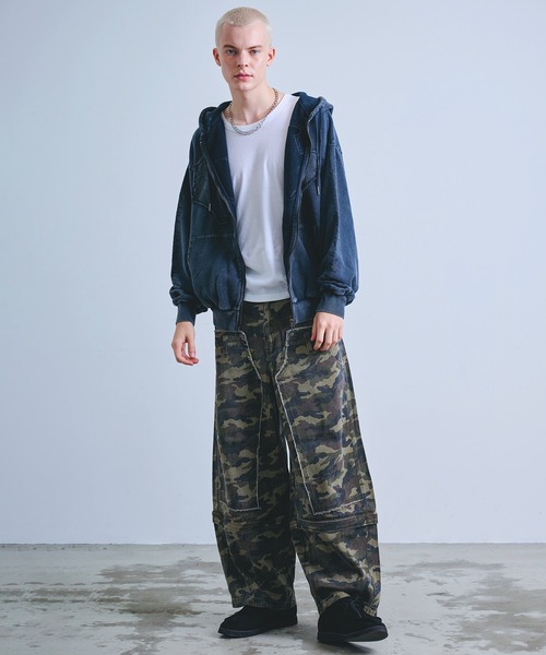 Y2K グランジ加工 ダブルジップ ショート丈 ジップパーカー 裏毛