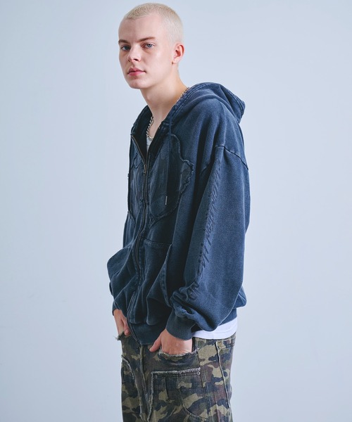 Y2K グランジ加工 ダブルジップ ショート丈 ジップパーカー 裏毛