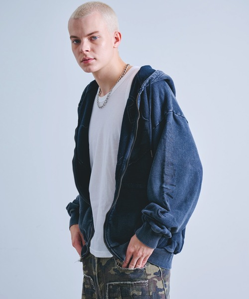 Y2K グランジ加工 ダブルジップ ショート丈 ジップパーカー 裏毛