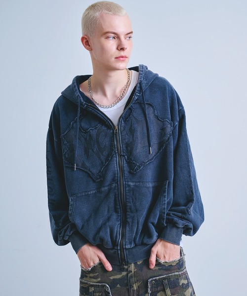 さな Y2K グランジ ジップパーカー Y2K グランジ加工 ダブルジップ ショート丈 ジップパーカー 裏毛