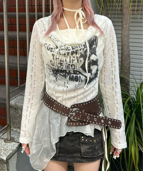 Never mind the XU（ネバーマインドザエックスユー）の「【Never mind the XU】see-through loose tops / 【ネバーマインド ザ エックスユー】シースルーレイヤードフリル長袖トップス（Tシャツ/カットソー・レディース・ベージュ・ONE SIZE）」の11枚目の写真