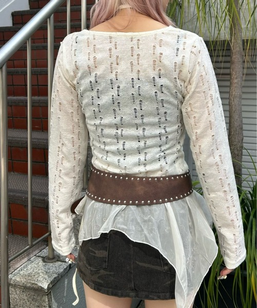 Never mind the XU（ネバーマインドザエックスユー）の「【Never mind the XU】see-through loose tops / 【ネバーマインド ザ エックスユー】シースルーレイヤードフリル長袖トップス（Tシャツ/カットソー・レディース・ベージュ・ONE SIZE）」の14枚目の写真