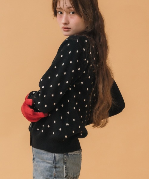 HEILIS(ヘイリス)の「ドット柄カーディガン / ブラック グレー ドット 水玉 コンパクト トップス 長袖 秋服 冬服 韓国 ガーリー ノームコア カジュアル シンプル 前開き(カーディガン/ボレロ・レディース・ブラック/グレー・FREE)」の6枚目の写真