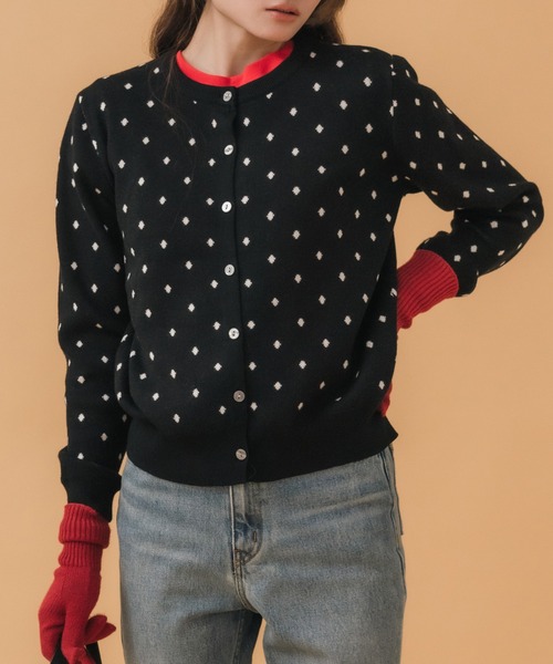 HEILIS(ヘイリス)の「ドット柄カーディガン / ブラック グレー ドット 水玉 コンパクト トップス 長袖 秋服 冬服 韓国 ガーリー ノームコア カジュアル シンプル 前開き(カーディガン/ボレロ・レディース・ブラック/グレー・FREE)」の12枚目の写真