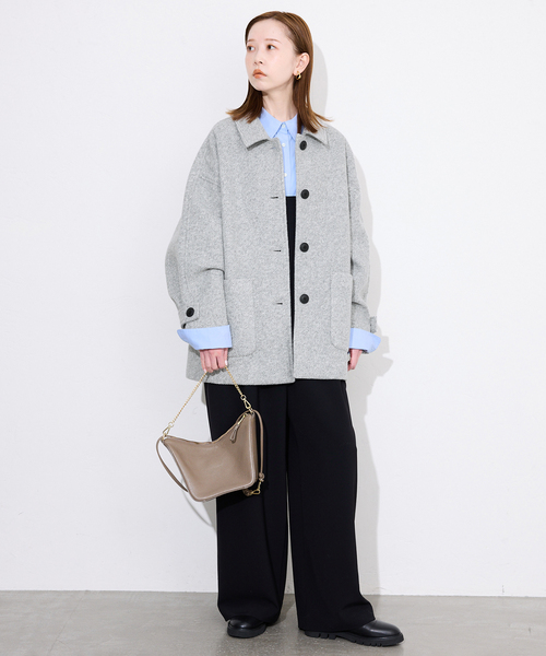 スローブイエナ　ショートコート　ブラック ツイードボンディングステンカラーショートコート（ステンカラーコート