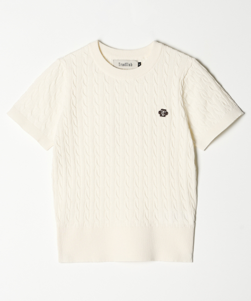 TRADCLUB(トラッドクラブ)の「ウィメンズTCロゴケーブルラウンドクロップ半袖ニットホワイト(Tシャツ/カットソー・レディース・ホワイト・SMALL/MEDIUM)」の1枚目の写真
