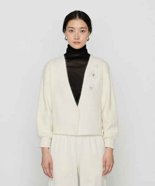 Gabardine K.T(ギャバジンケーティー)の「〔 +サイズ 〕 ラクーン×アンゴラブレンドヤーン パーティーニット・ショートカーデ(カーディガン/ボレロ・レディース・オフホワイト/グレー・13号)」の7枚目の写真